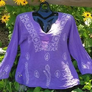 Boho Hippie Purple L XL Embroidered Blouse